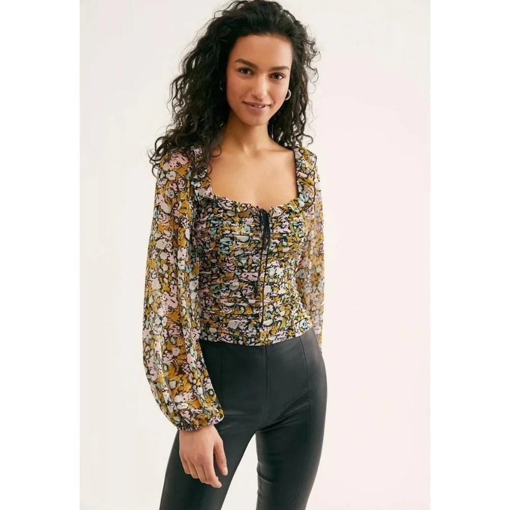 Free People Women's Garden Combo Mabel Printed Smocked Ruffle Blouse Top Size‎ S